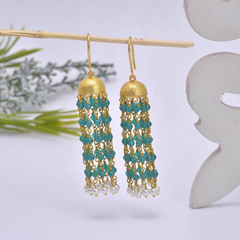 925 Sterling Silver Jumki With Green Oxen Beads : 3764