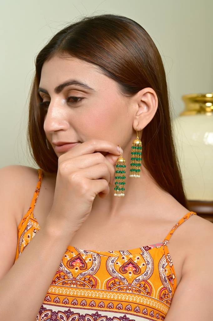 925 Sterling Silver Jumki With Green Oxen Beads : 3764