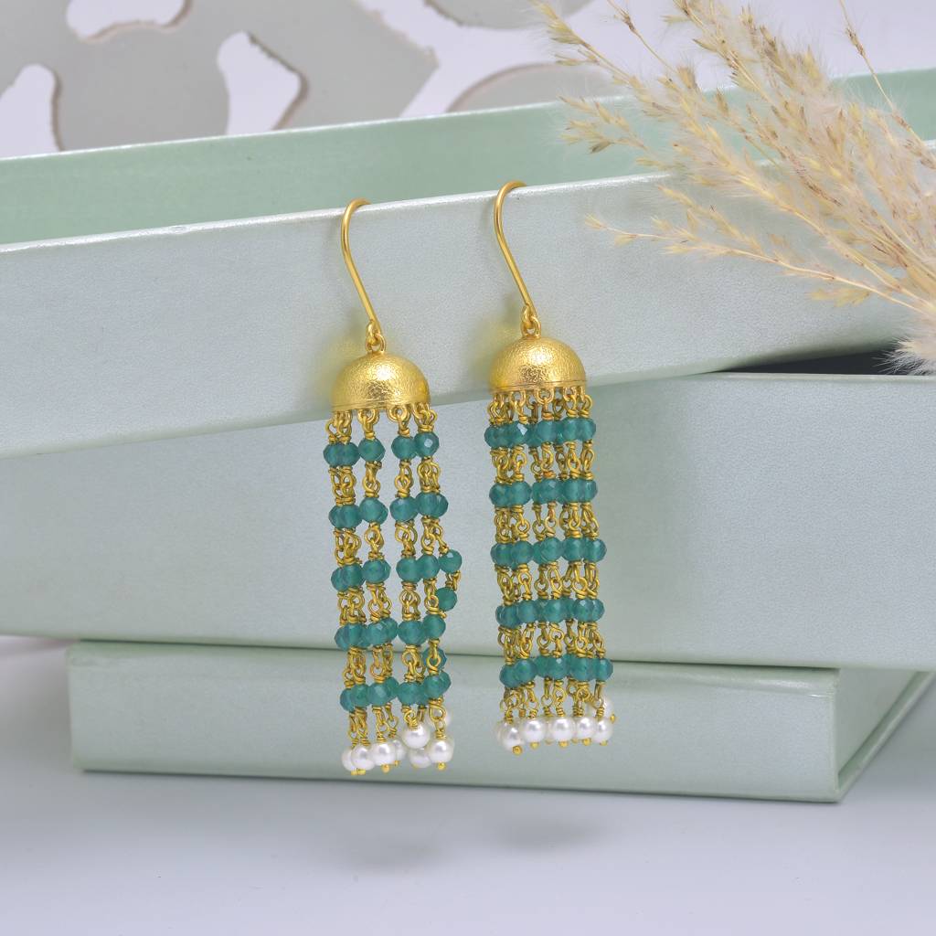 925 Sterling Silver Jumki With Green Oxen Beads : 3764