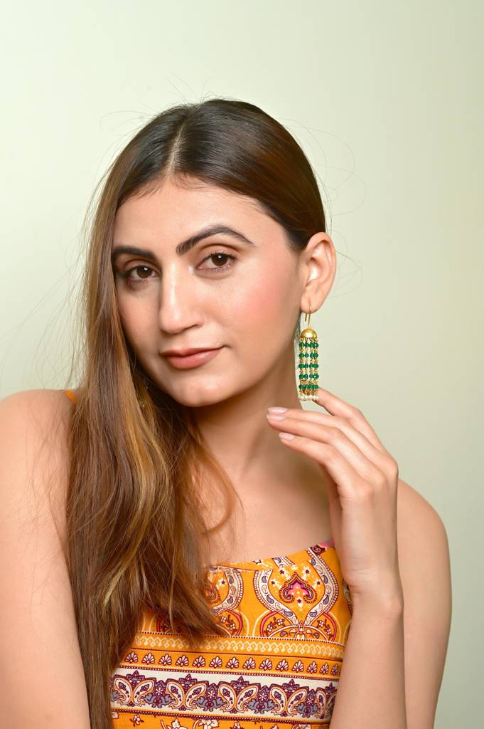 925 Sterling Silver Jumki With Green Oxen Beads : 3764