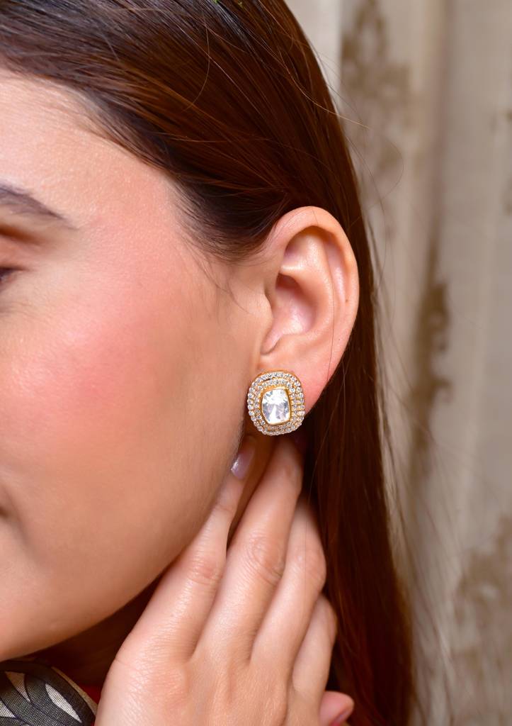925 Sterling Silver Stud With Moissanite Polki And Cz : 3767