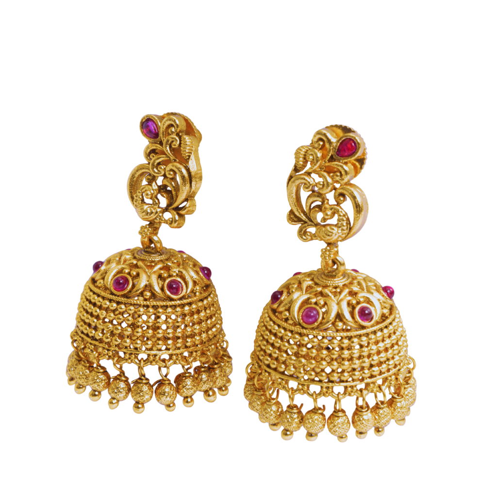 South Indian Temple Jewellery Antique Gold Jhumka Earrings With Ruby Stones : R-1162