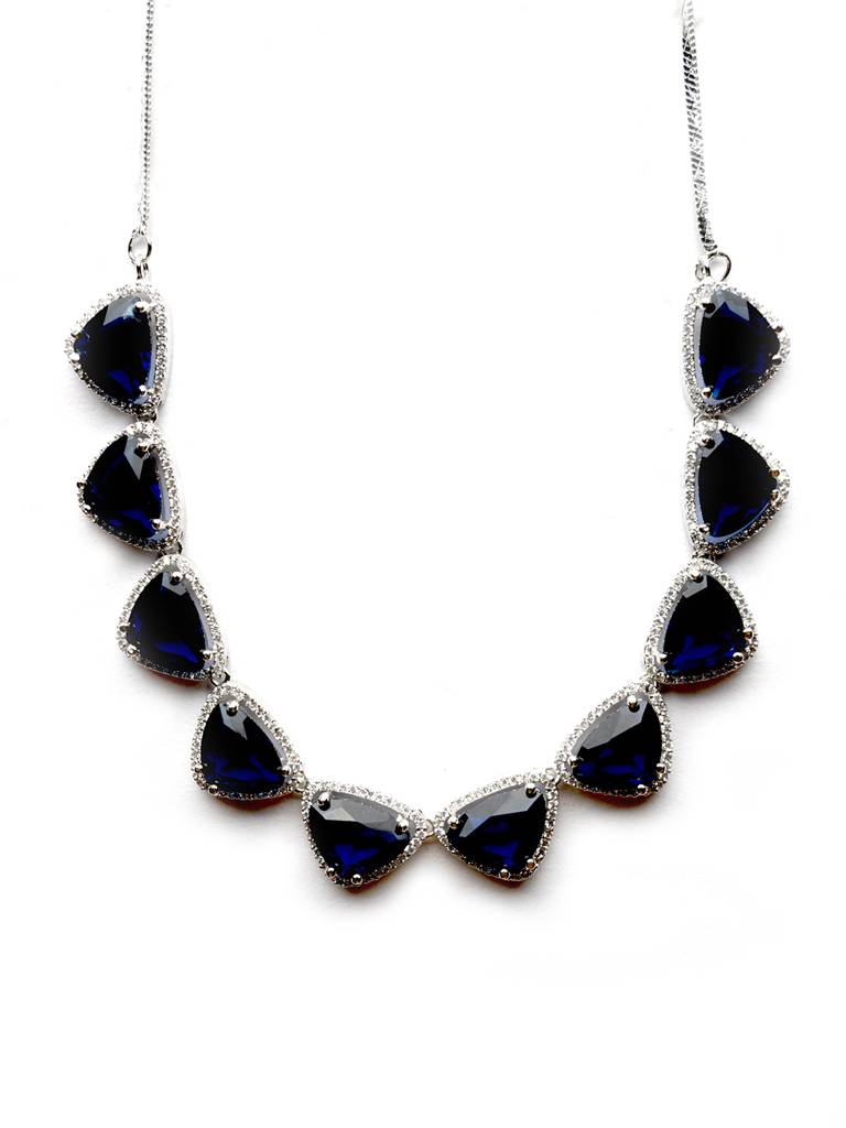 Silver Plated Bold Triangle Necklace Set With Long Earrings : AD124BLUE