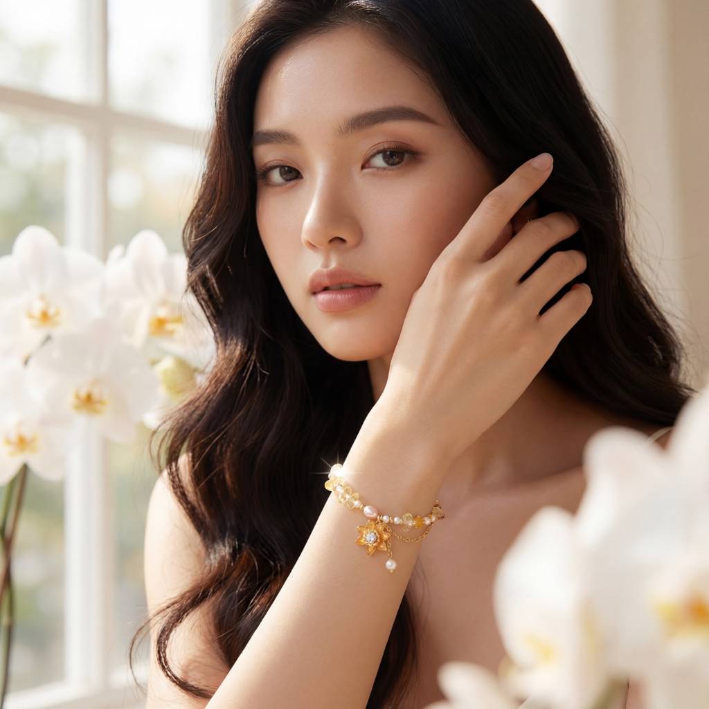 Korean Golden Sunburst Citrine & Pearl Floral Bracelet : YUFSBR204