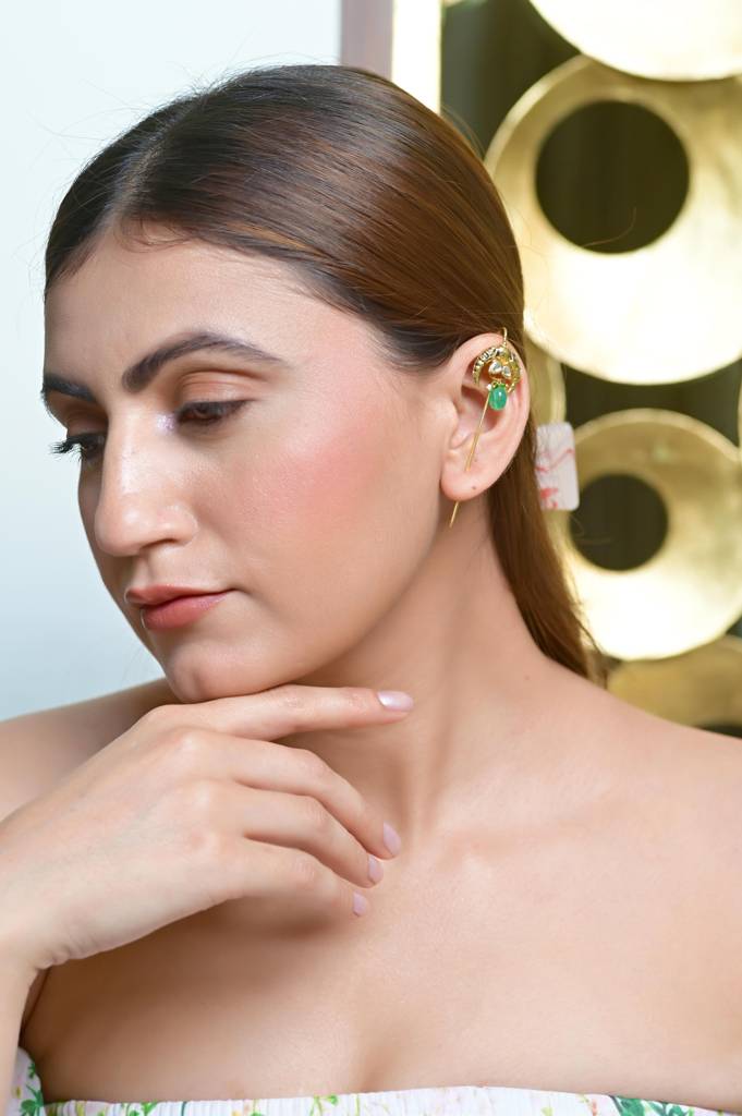 925 Sterling Silver Traditional Ear Cuffs With Crystal Polki-3821 : 3821