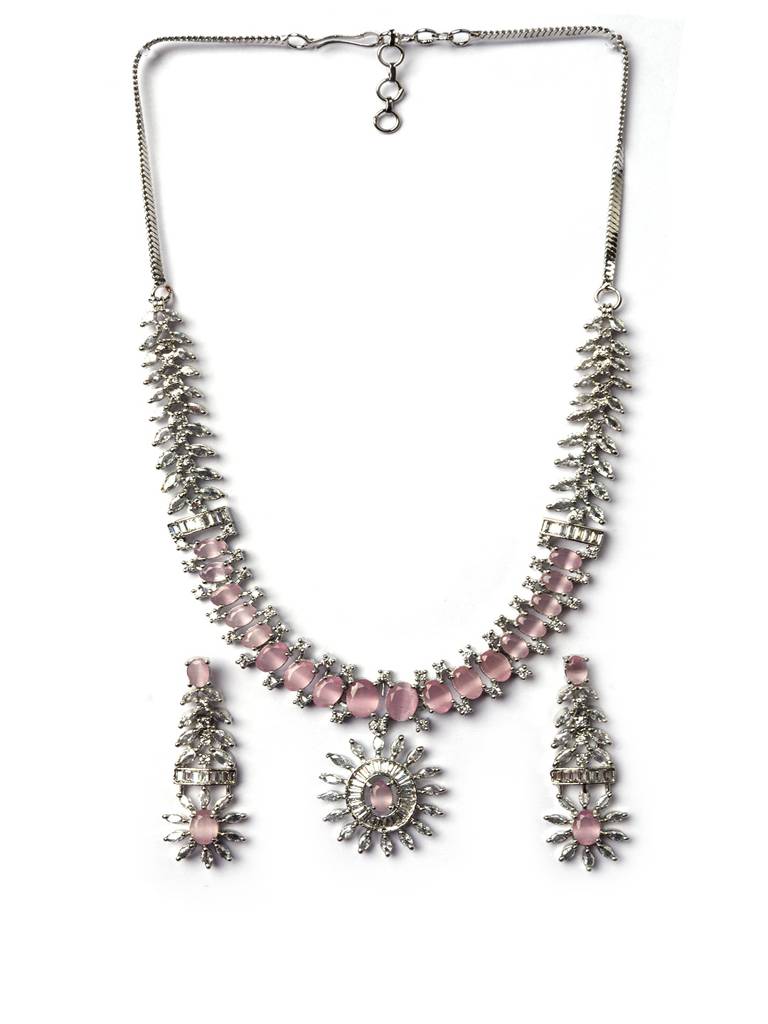 Silver Plated American Diamond Studded Dual Shade Necklace Set : AD142Pink