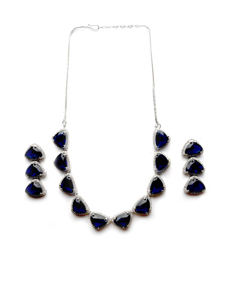 Silver Plated Bold Triangle Necklace Set With Long Earrings : AD124BLUE