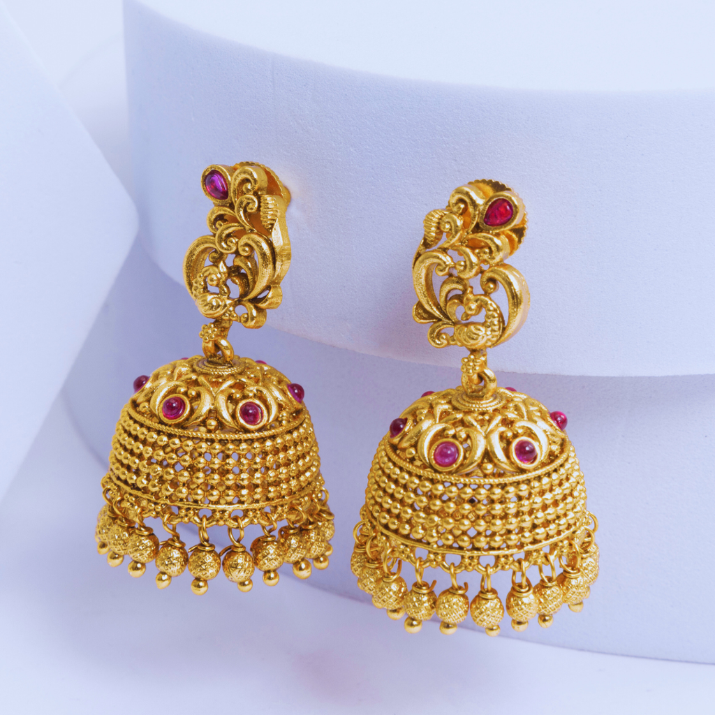 South Indian Temple Jewellery Antique Gold Jhumka Earrings With Ruby Stones : R-1162