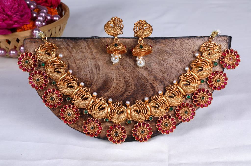 Gold Plated Peacock Necklace Set : SATJS525MULTI