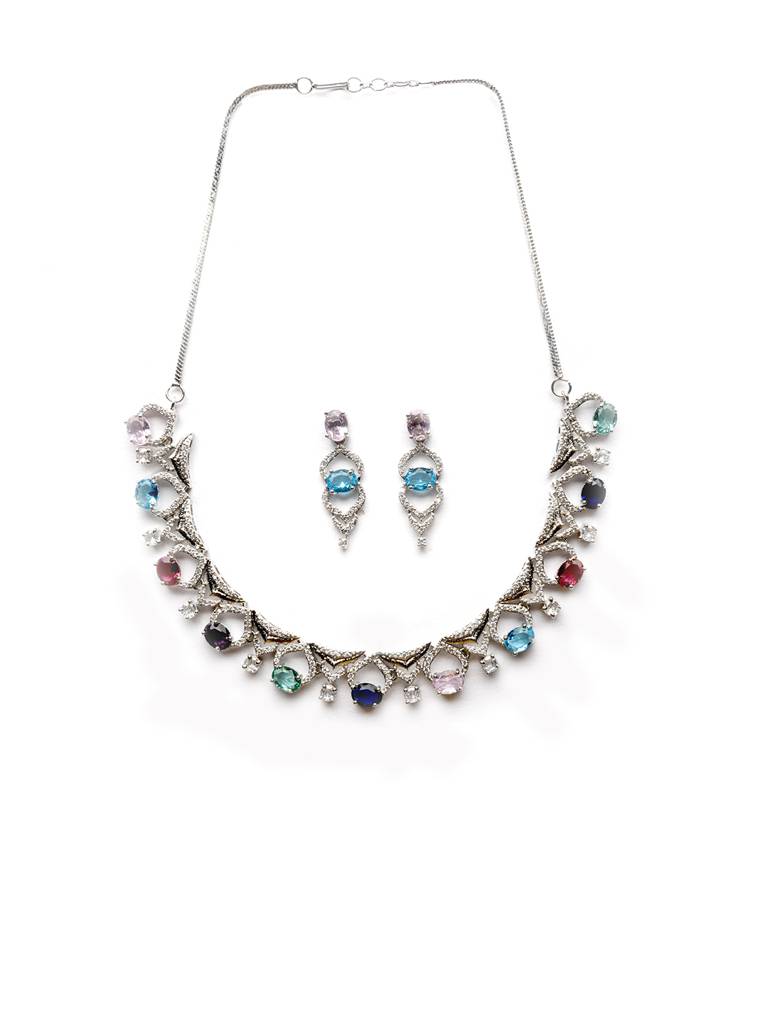 Silver-Plated Sleek Cut Work Cz Ad Necklace : AD126MULTI