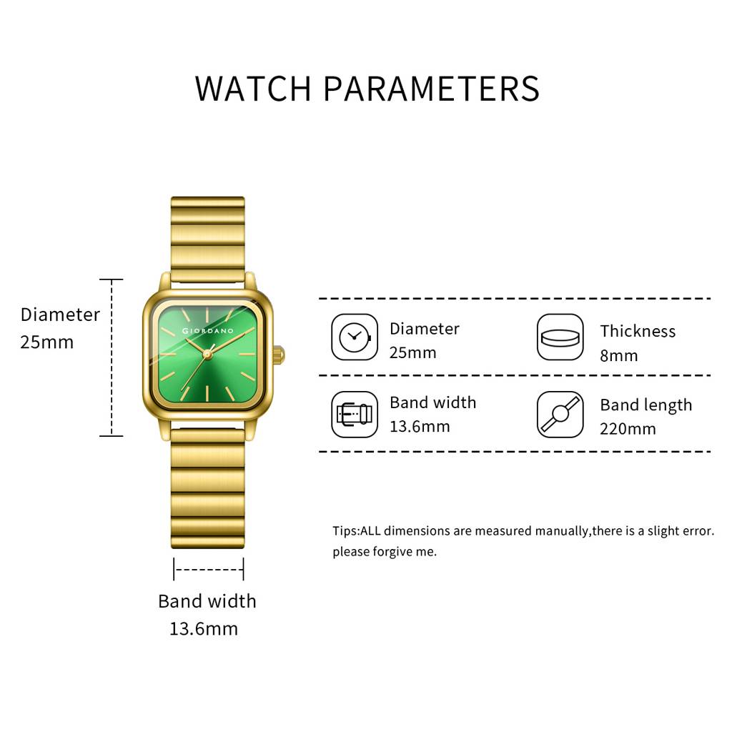 Giordano Classic Square Watch For Women Â Polished Stainless Steel Strap, Minimalist Compact Design-Gz-60098 : GZ-60098-44