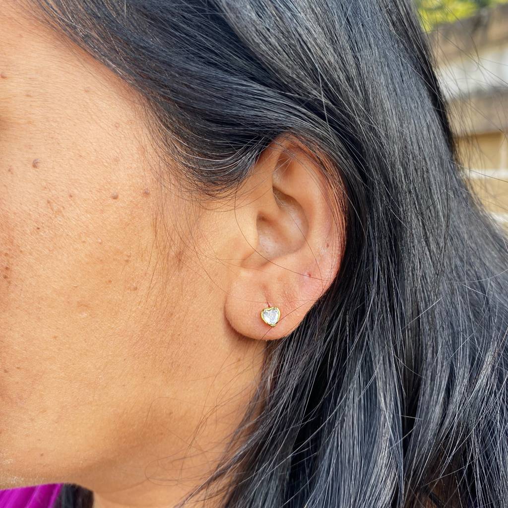 18Kt Gold Plated Demi Fine White Zircon Minimal Triangle Piercing Stud Earrings, Eve : INEVE