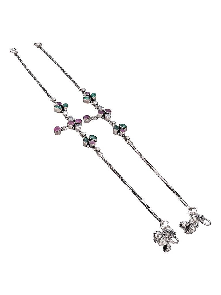 Silver Toned Green  & Pink Crystal Floral Charm Elegant Payal Anklet : SJPL2876