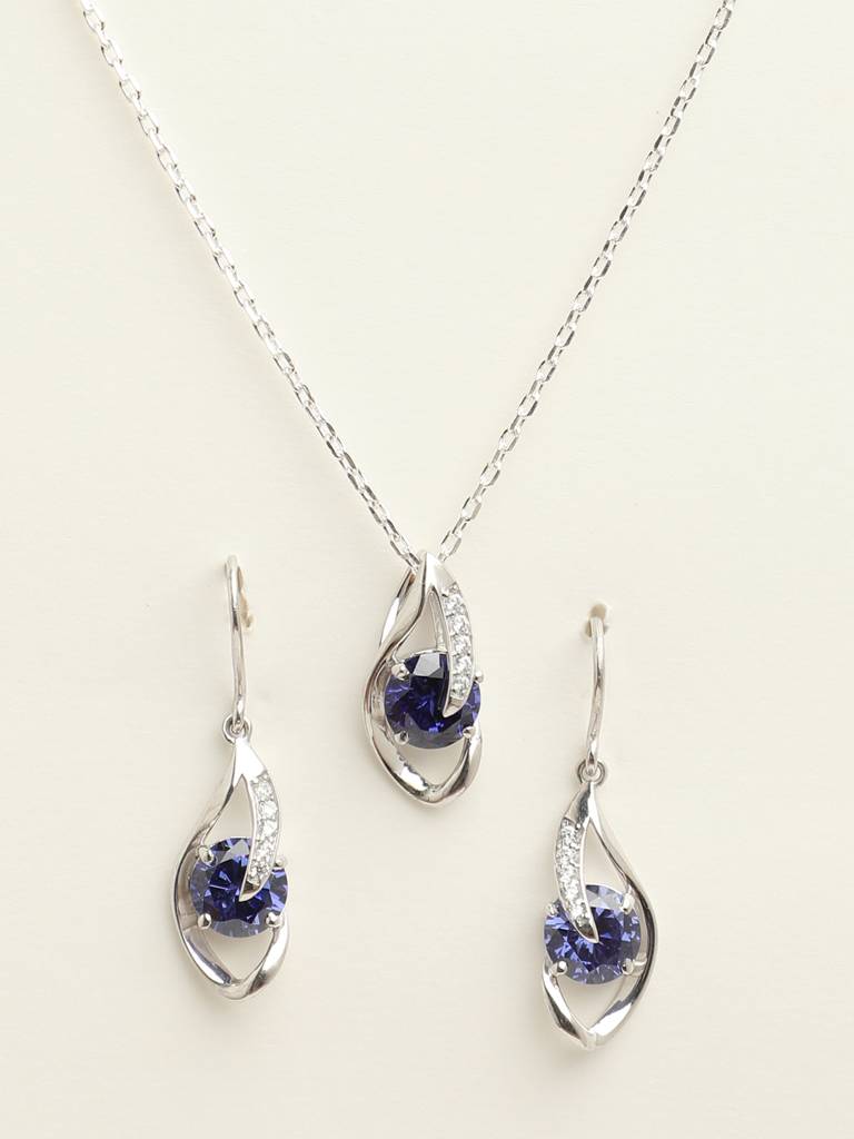 92.5 Sterling Silver Rhodium Plated Swiss Zirconia Royal Blue Eye Pendant Earring Chain Jewellery Set Gift Fo : CSCLRP3E3RD_BS