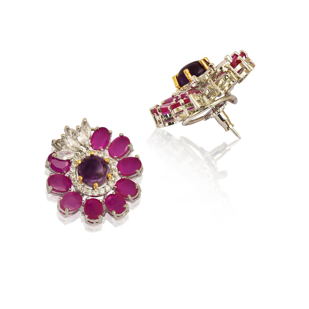 Red Flower Amd Amethyst Earring : IE894