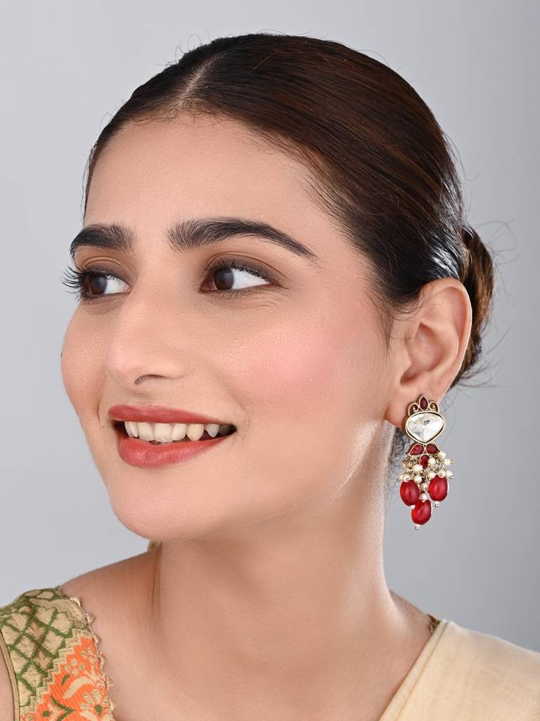 Gold Plated Kundan & Pearl Drop Earrings : S24FAER410RED