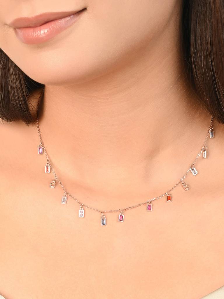 925 Silver Necklace With Multicolor Baguette Cubic Zirconia Drops. A Refined Silver Necklace For Women Designed To  : DXNC1909