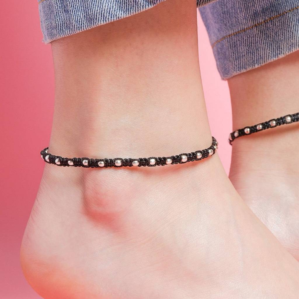 Classic Thread Anklet In 925 Sterling Silver Rhodium Plating In Red Stone : ANK-60209-PAIR