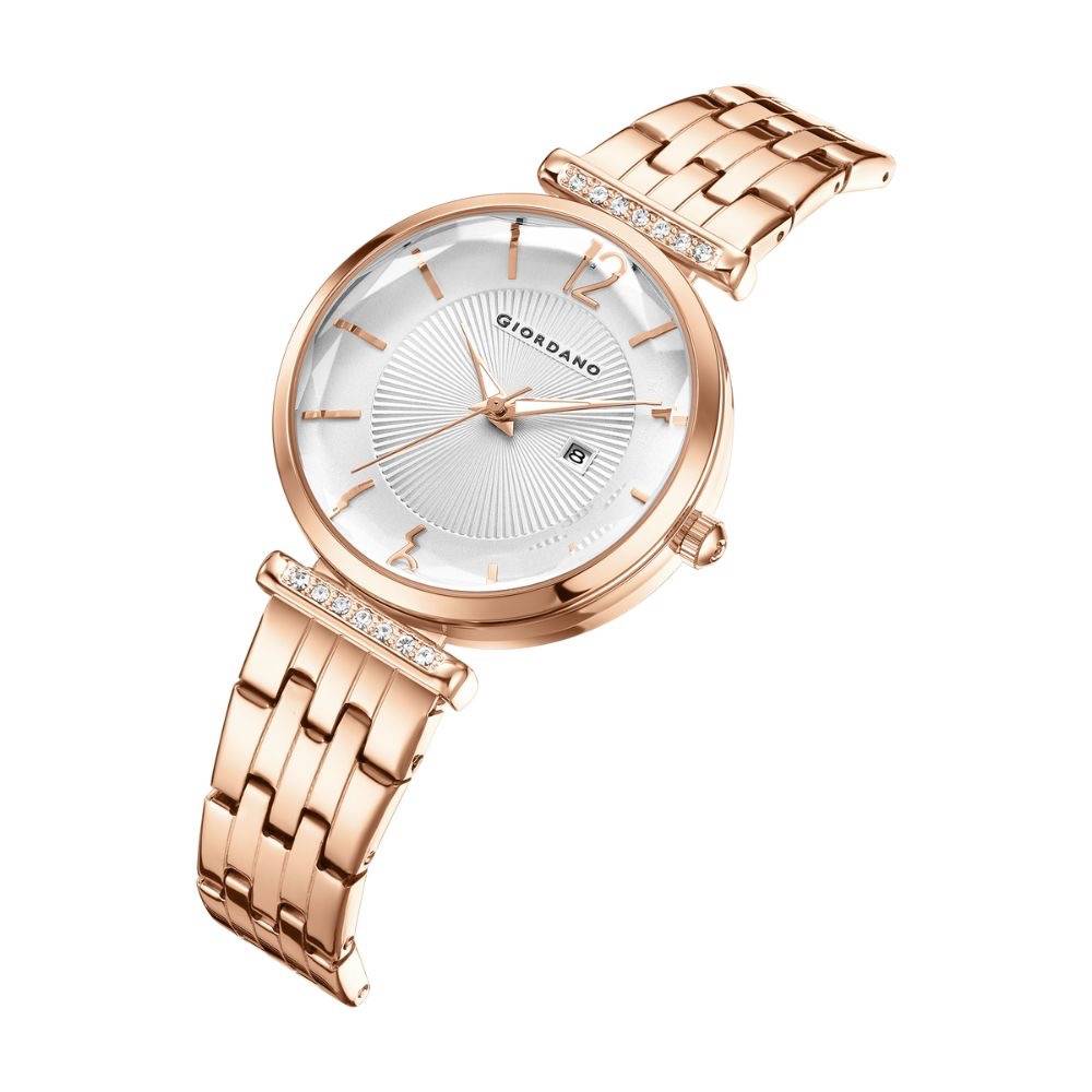 Giordano Exquisite Analog Watch For Women With Round Cut Glass Textured Dial, Stainless Steel Strap And Date Dis : GZ-60111-33