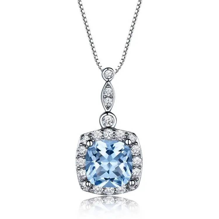 14K White Gold Plated Aquamarine With Moissanite Pendant Chain : CJNK9
