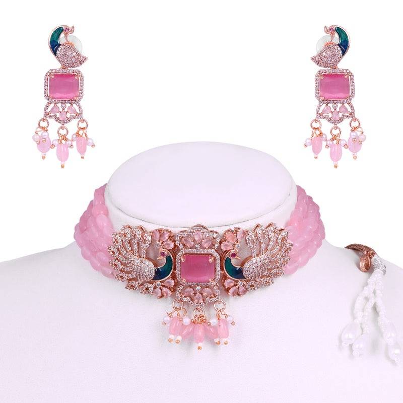 Luxury Rose Gold Finish Cz Multi String Choker Set – Bridal & Festive Wear : AD-934-RGMPNKER