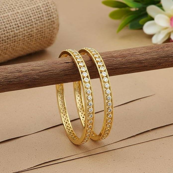 Elegant Cz Gold-Plated Thin Bangles For Women | Minimalist Traditional & Festive Wear Bangles (Set Of 2) : TPL1439W_24