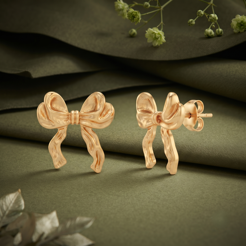 Gold Plated Brass Ribbon Bow Stud Earrings : SCDELER0462