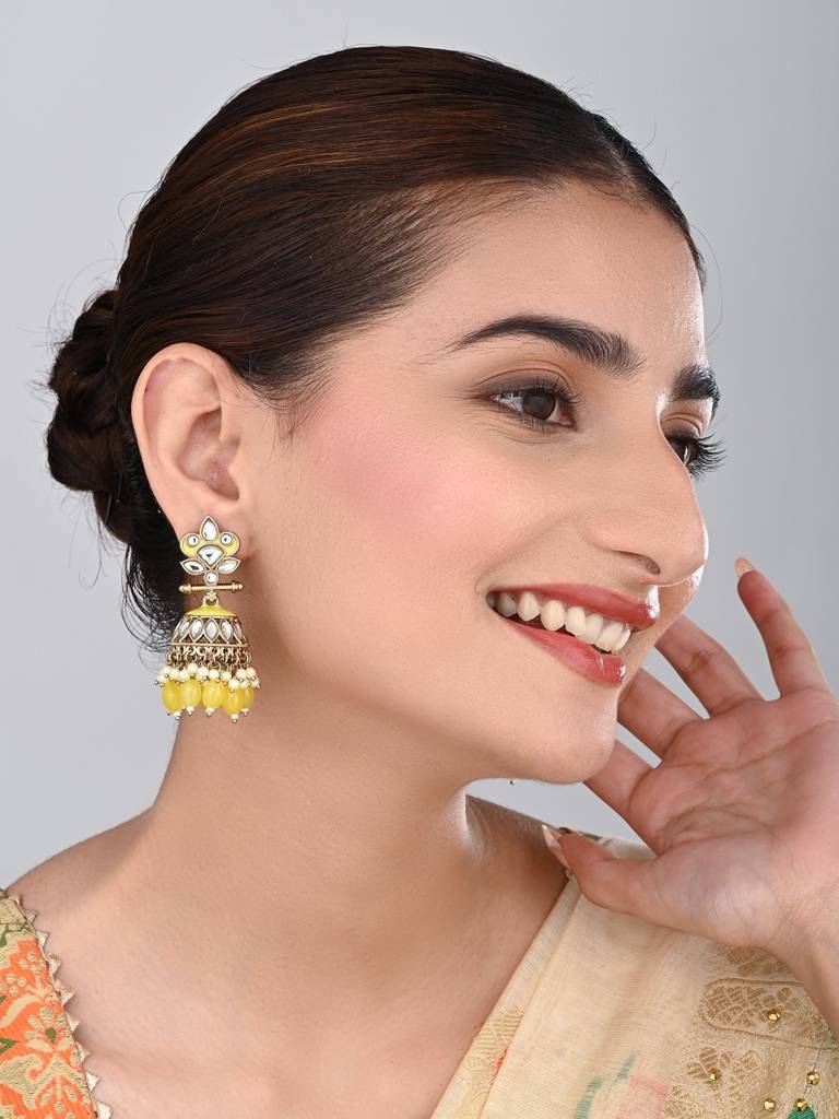 Gold Plated Kundan & Meenakari Jhumka Earrings : S24FAER411YLW