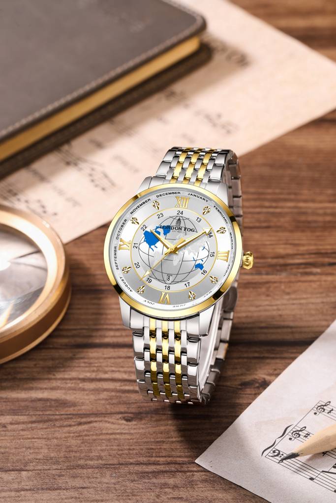 Baker Collection Analog Quartz Watch For Men With Stainless Steel Strap, Luminous Hands And World Map Dial Design : LFM10009-33