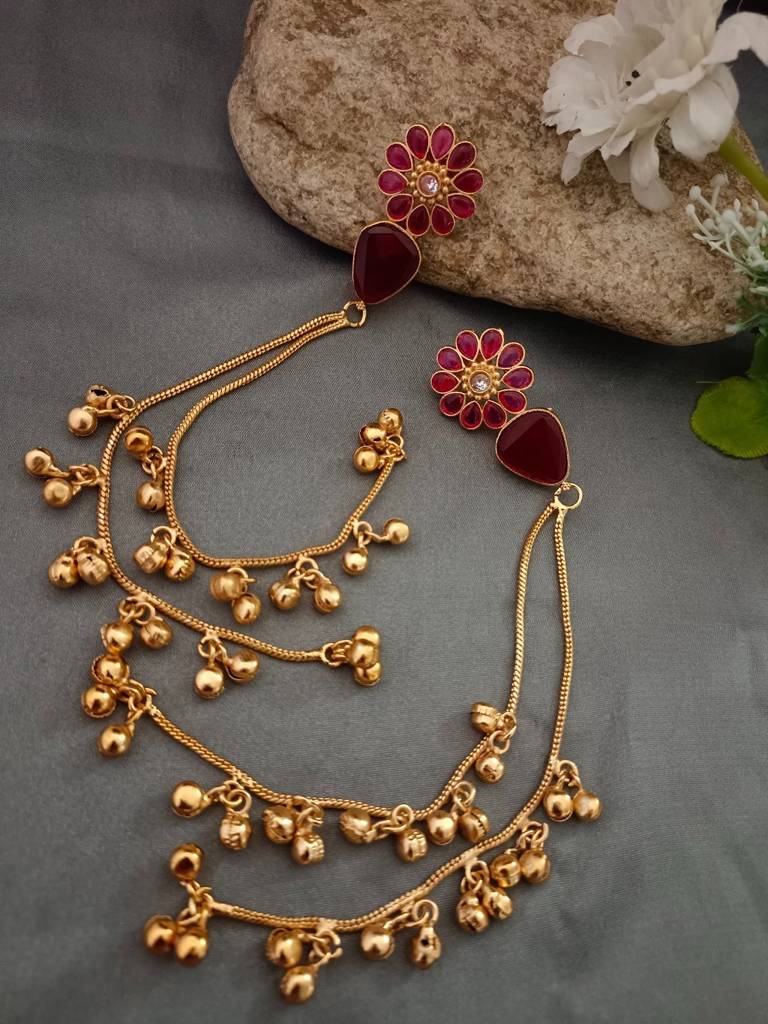 Brass- Plated Pachi Kundan & Ghungaroo Beaded Kashmiri Floral Drop Earrings : VS105311