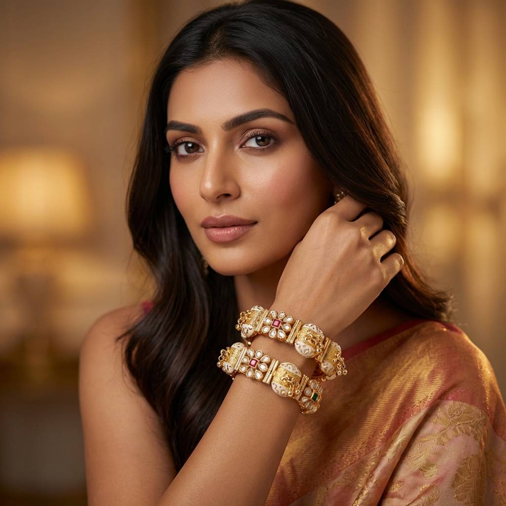 Royal Heritage: Gold-Plated Kundan & White Meenakari Elephant Kada Bangles (Pair) : BV-BG-14-24