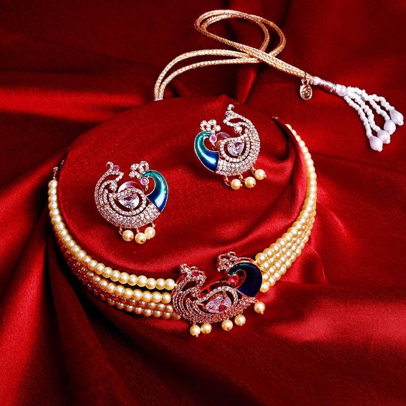 Traditional Peacock Design Cz Stone Beaded Choker Set : AD-935-RGWENKER
