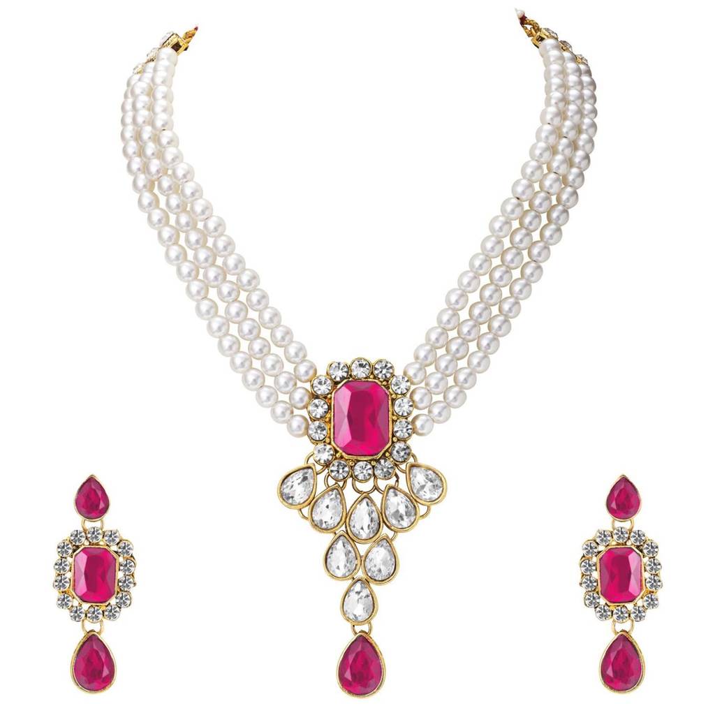 Peora Crystal Pearl Necklace Earring Traditional Jewellery Set Gift For Women Girls : PF24N01RP