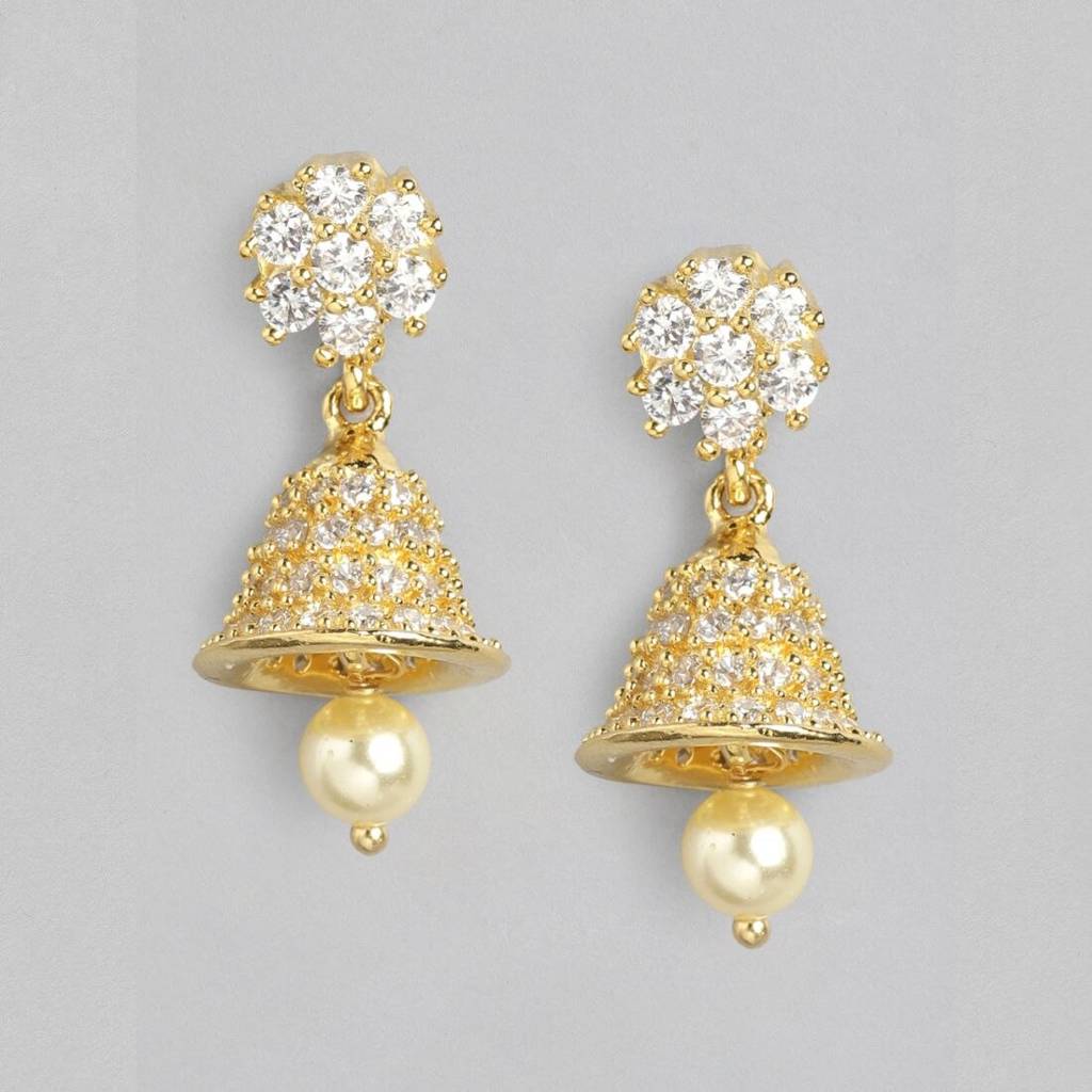 Gilded Opulence Gold Plated Drop Earrings With Cubic Zirconia And Pearls : EAR-20376