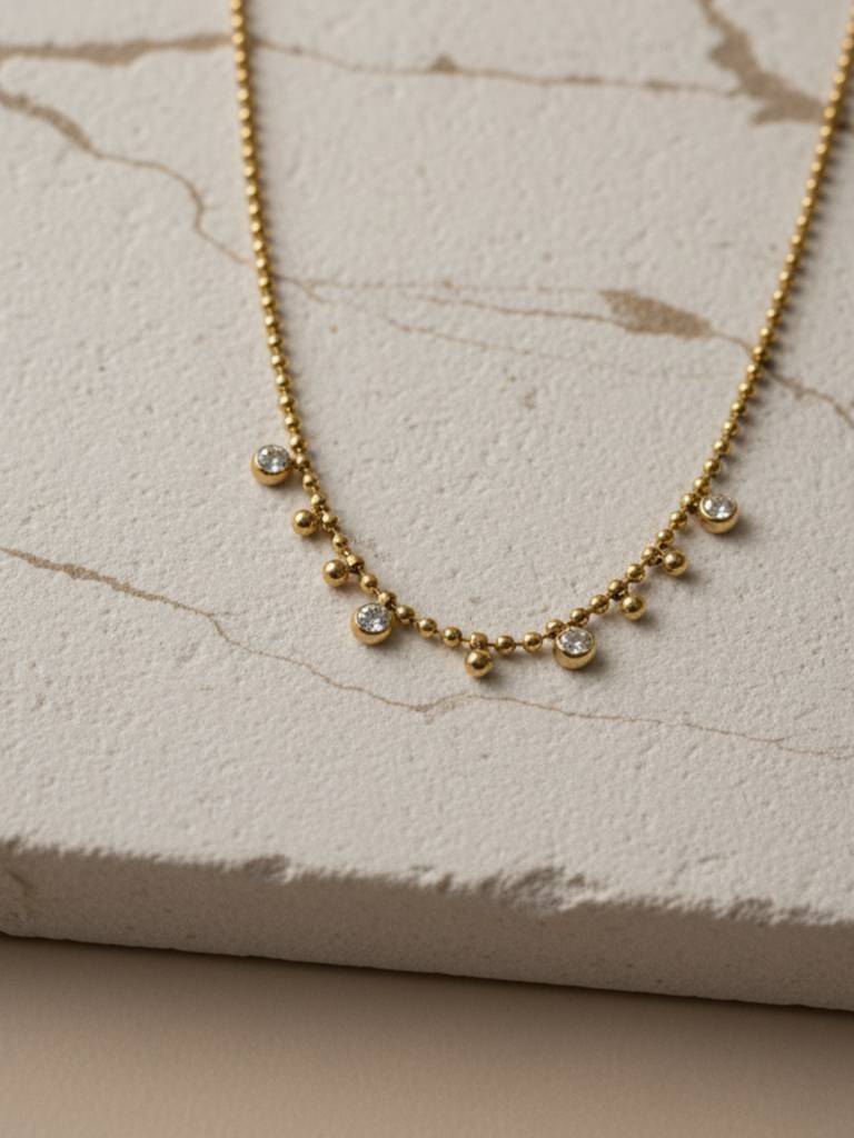 Anti-Tarnish White Stone Beaded Chain | 18K Gold Cz Jewelry : ATC649WSBN