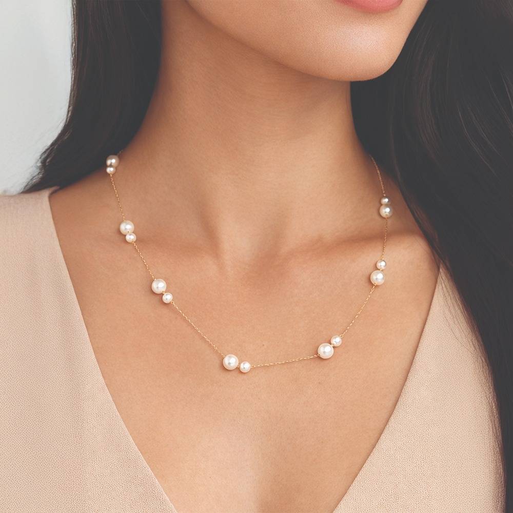 Women Gold-Toned Pearl Beaded Chain Necklace - Skin Safe, Delicate Everyday Necklace : 100811
