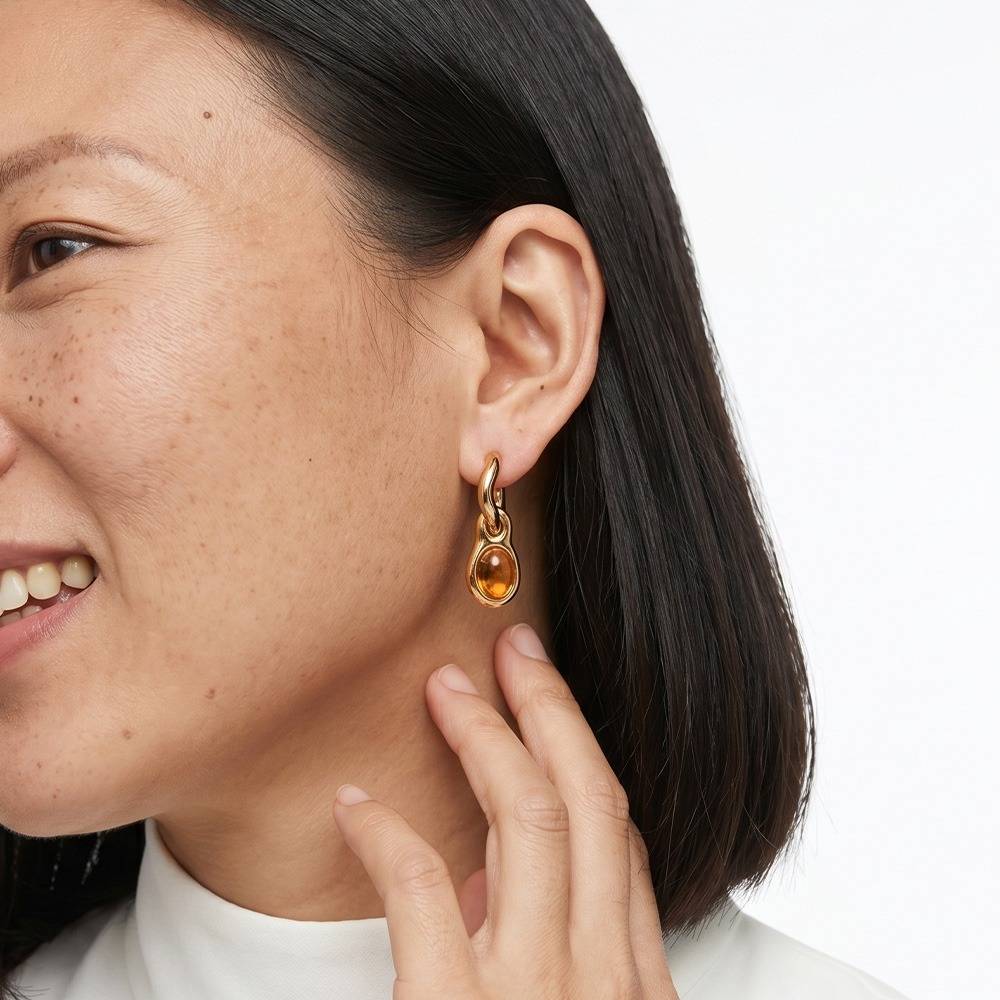 Women 18K Gold-Plated Amber Oval Cabochon Drop Earrings : 101234