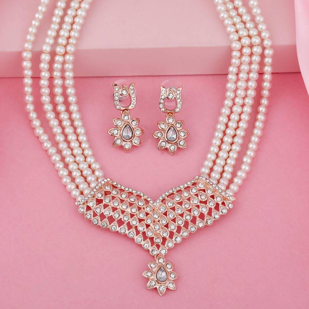 Estele Rose Gold Plated Sparkling Necklace Set With Crystals For Women