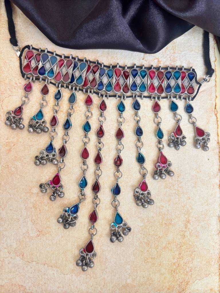 Oxidised Silver Multi-Colour Stone Choker Necklace : VI26NK0099