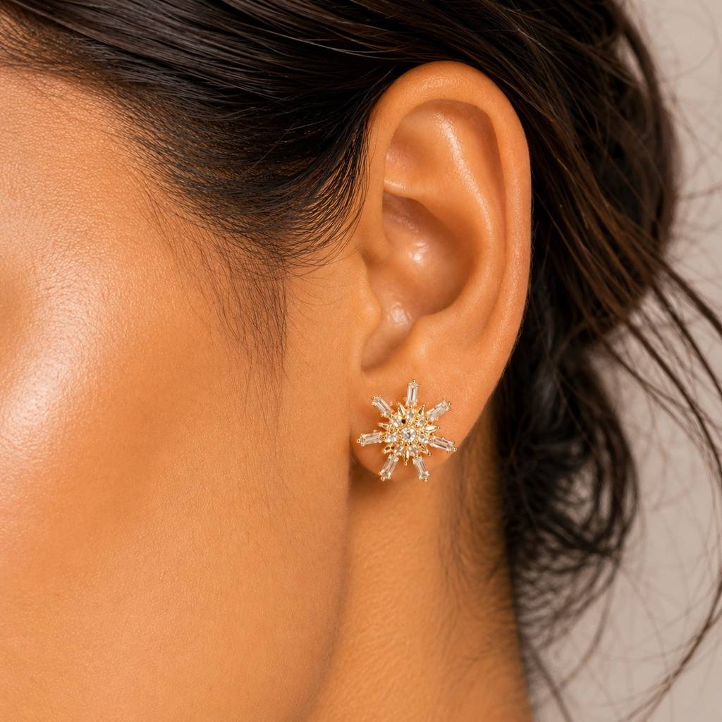 Gold Snowflake Cz Crystal Starburst Stud Earrings : RRAPR26AID-57
