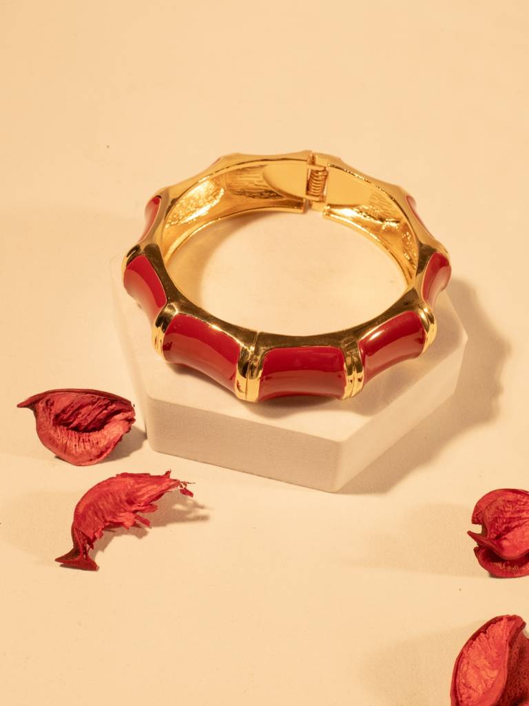 Red Enamel Hexagon Bracelet For Women Â 14K Gold Plated | Italian Meena Design | Stainless Steel : ATB561REHB