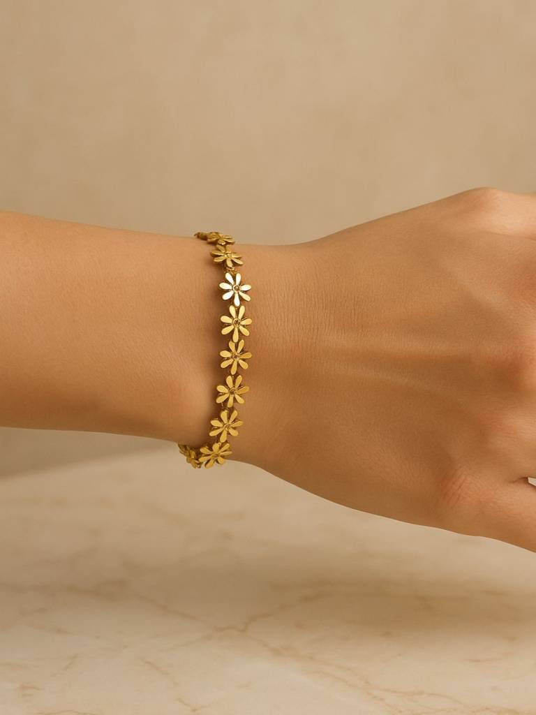 Gold Floral Studded Bangle Bracelet For Women Â 316L Stainless Steel With Cubic Zirconia Stones | Ethnic Press-L : ATB539FSB