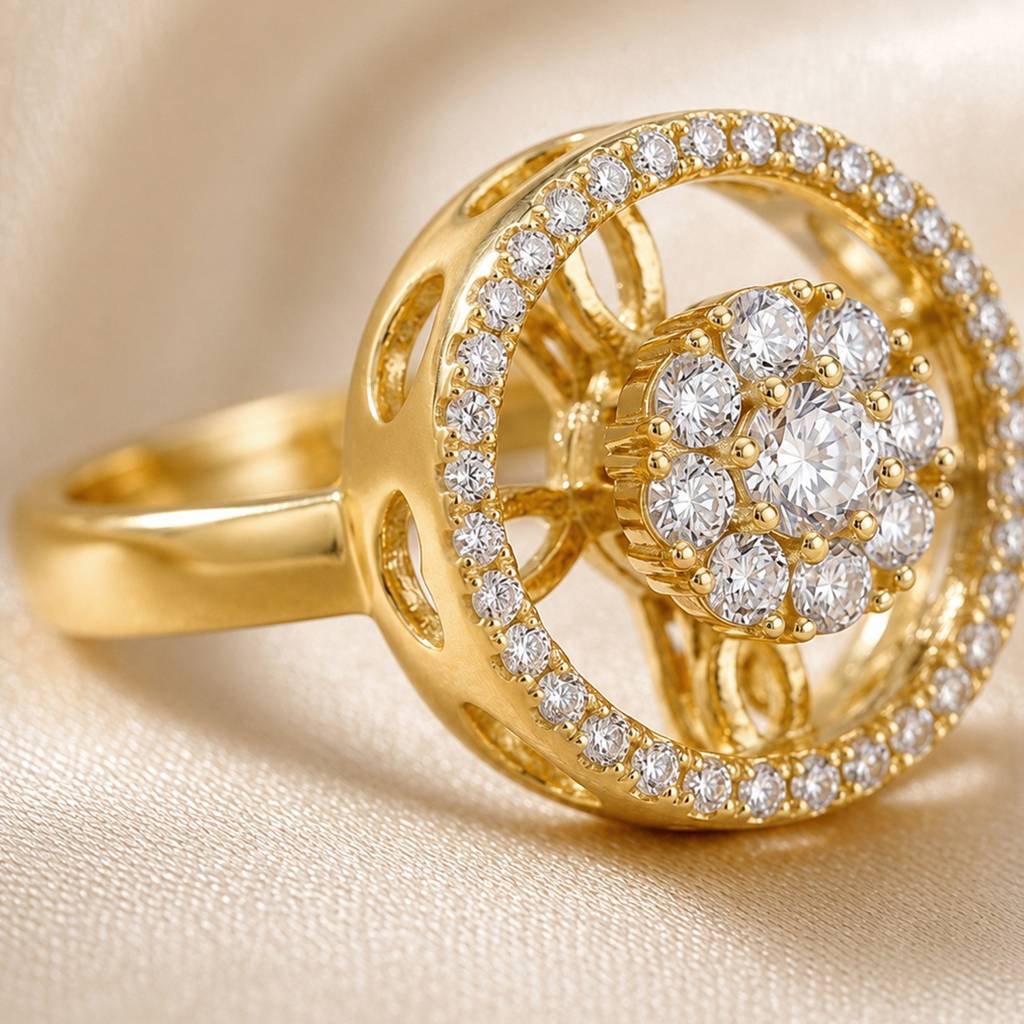 Gold Revolving Royal Halo Adjustable Anti-Tarnish Copper Ring : JW-HSPS60MB1981