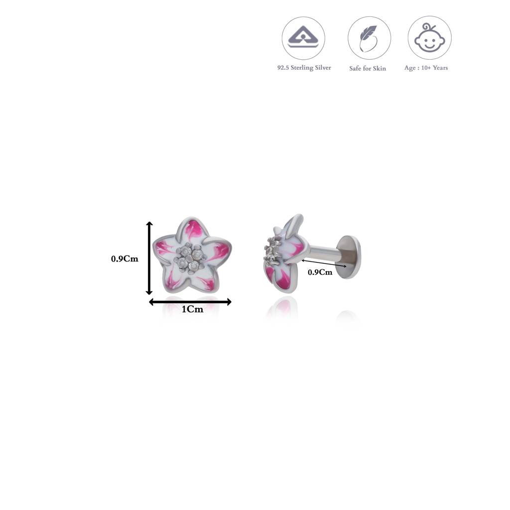 Pink Flower Butterfly 925 Silver Stud For Kids & Teen(10+ Yrs) : KE-KS-RH-A-197-P