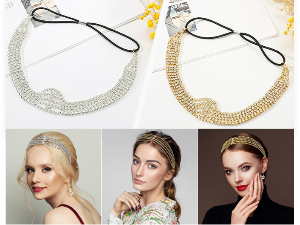 Multi Layer Crystal Bridal Headband For Women Elastic Rhinestone Wedding Forehead Hair Band Gold Party Wear Des : M4SK-PT-GOLD