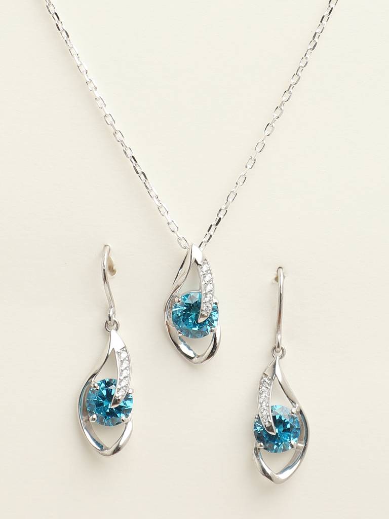 92.5 Sterling Silver Rhodium Plated Swiss Zirconia Sky Blue Eye Pendant Earring Chain Jewellery Set Gift For  : CSCLRP3E3RD_BT