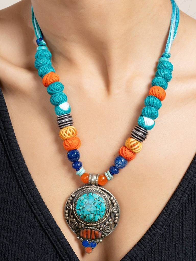 Handmade Semi Precious Turquoise Blue Red Tibetan Necklace Set With Matching Earrings And Adjustable Dori : LAANP94