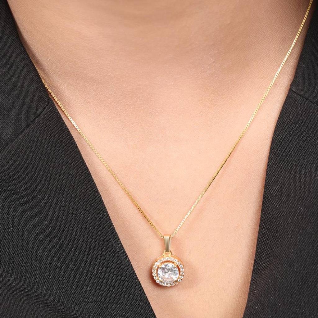 Classic Solitaire Golden Plated 925 Sterling Silver Pendant With Box Chain : PEN-30027