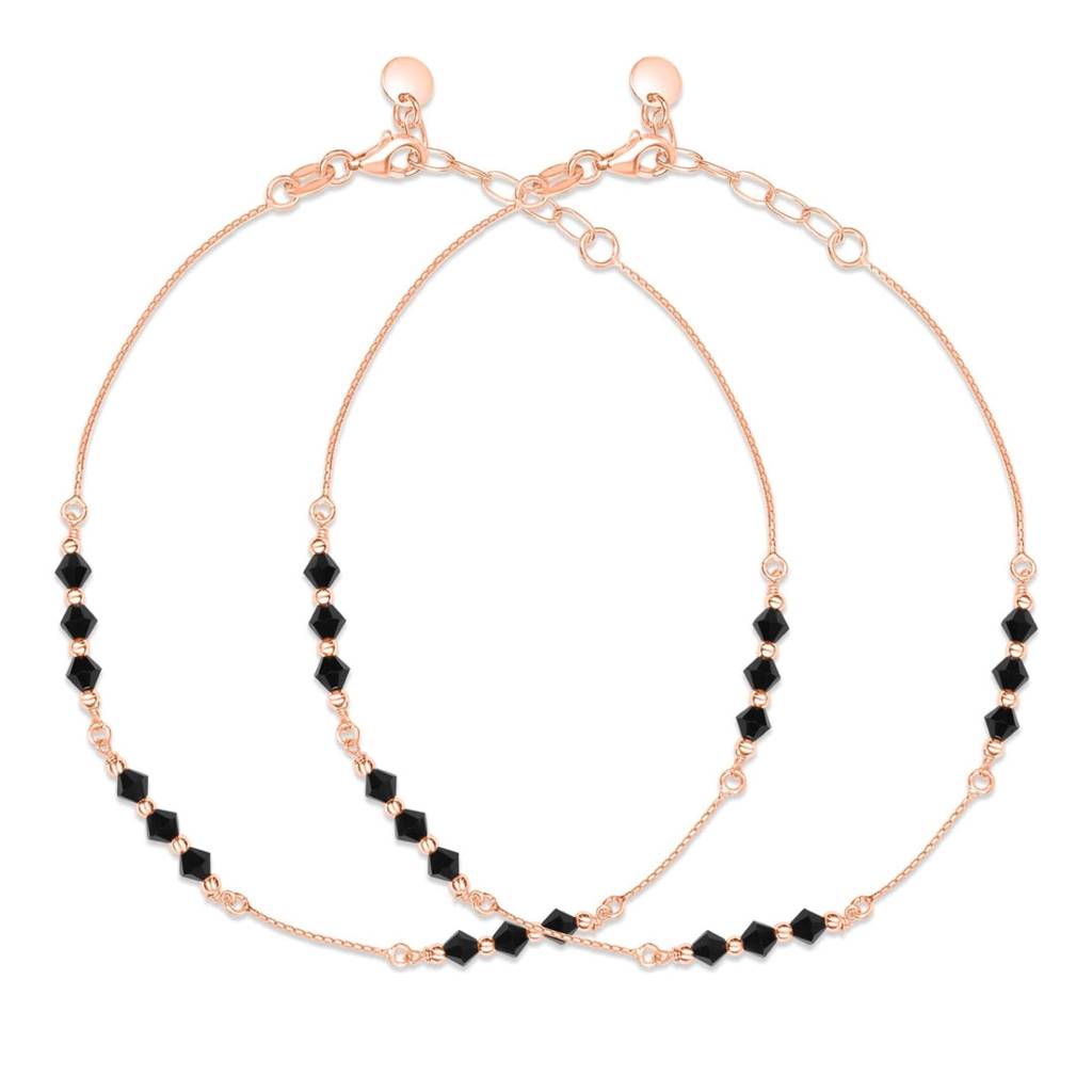 Black Beauty Rose Gold Plated 925 Sterling Silver Adjustable Chain Anklet : ANK-60412-PAIR-RG