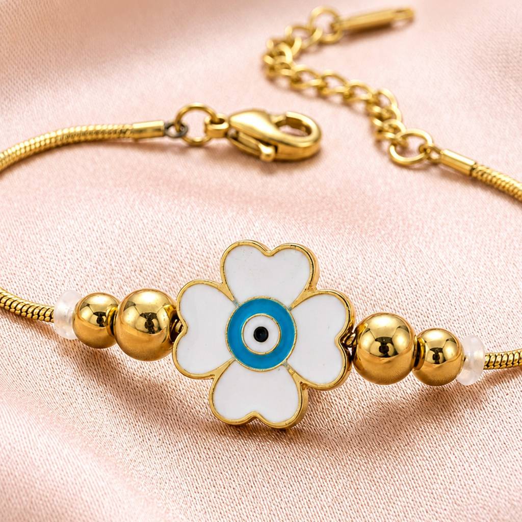 White Evil Eye Flower Gold-Tone Anti-Tarnish Bracelet For Women : JW-HSPS60MB2020